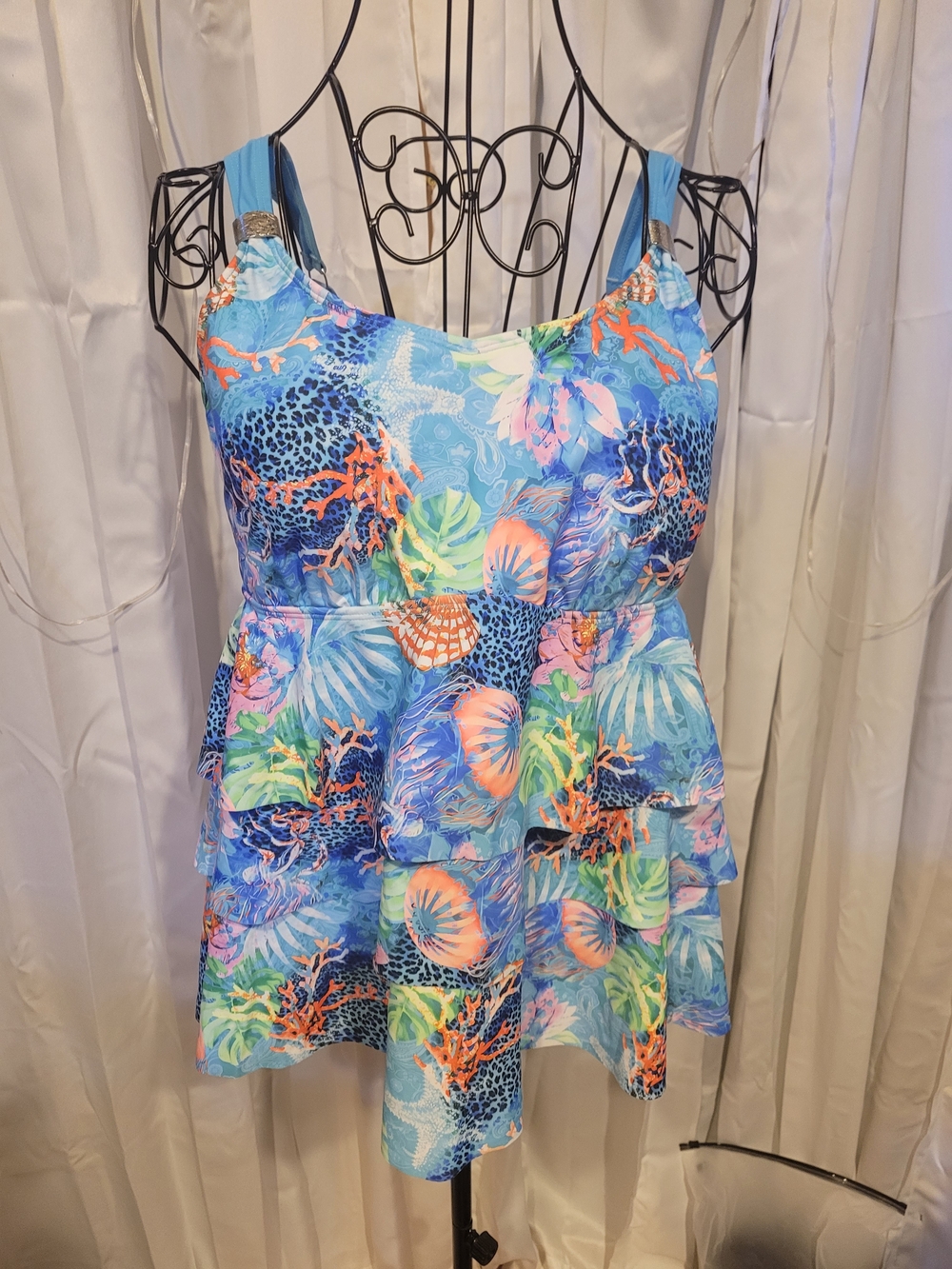 Amazon Blue Multi-Color Tropical Ruffle Swim Dress Bikini Top